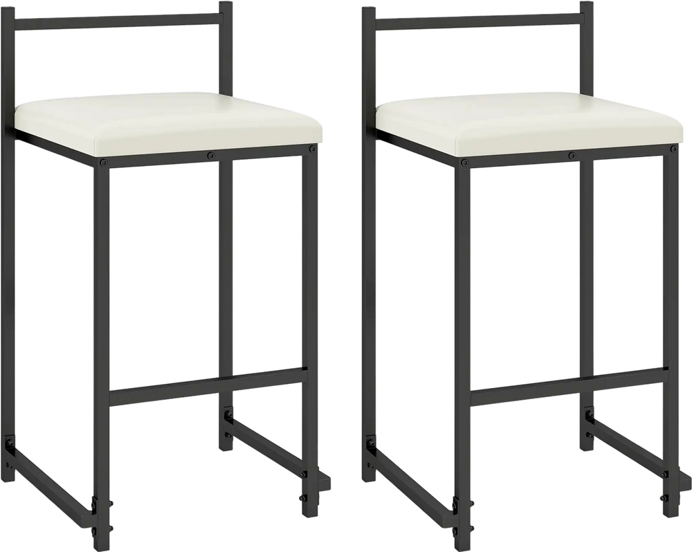 Set of 2 stackable black bar stools with PU leather upholstery, footrest, and supportive backrest for kitchen islands.