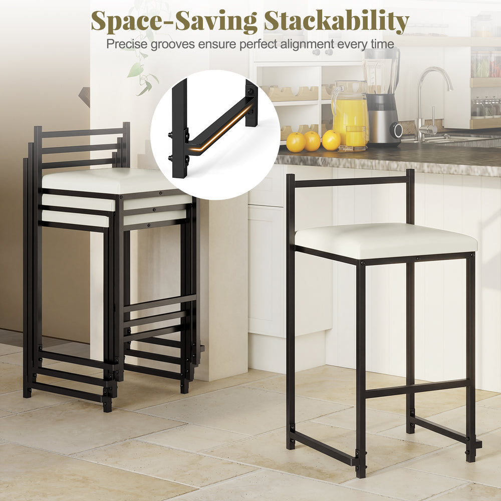 Stackable counter height bar stools in black PU leather with footrest, ideal for kitchen islands or home bars.