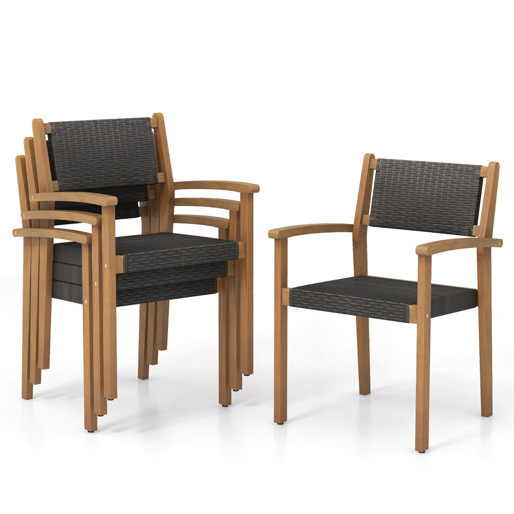 Set of 2 stackable outdoor wicker dining chairs with brown PE rattan and acacia wood frame, ideal for backyard use.