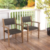 Set of 2 stackable outdoor wicker dining chairs with brown PE rattan and acacia wood frame, perfect for patio use.