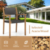 Stackable outdoor wicker dining chair made of sturdy acacia wood with ergonomic backrest, ideal for backyard use.