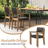 Set of 2 stackable outdoor wicker dining chairs with brown PE rattan and acacia wood frame, perfect for backyard use.