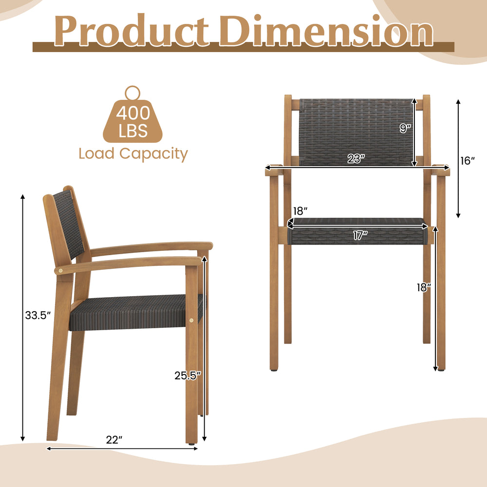 Stackable outdoor wicker dining chair set with ergonomic backrest, made of brown PE rattan and acacia wood frame.