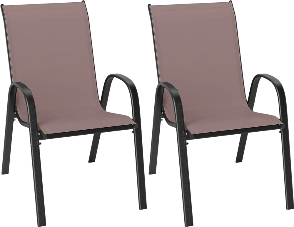 Set of 2 stackable patio dining chairs with ergonomic armrests, brown fabric, and sturdy anti-rust steel frame.