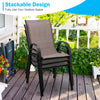 Stackable patio dining chair set in brown with ergonomic armrests, perfect for outdoor spaces and easy movement.