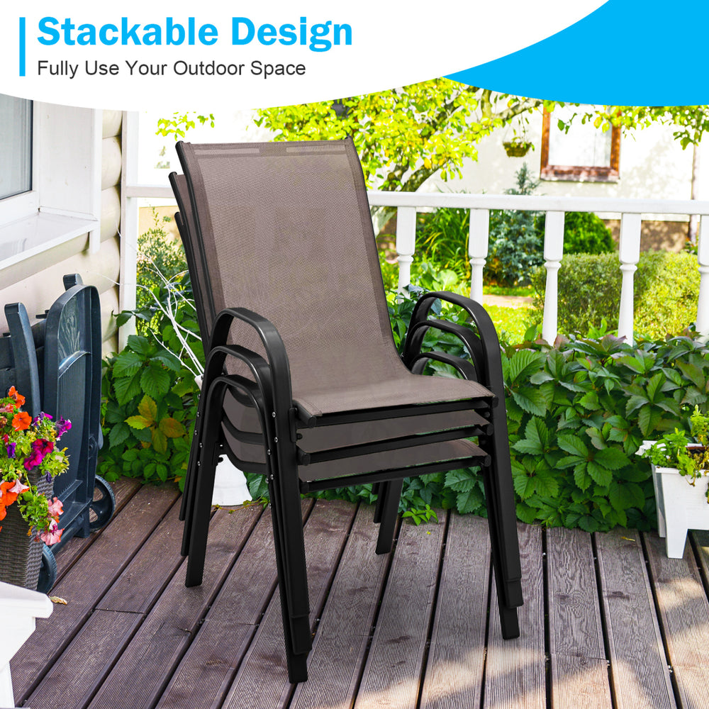 Stackable patio dining chair set in brown with ergonomic armrests, perfect for outdoor spaces and easy movement.