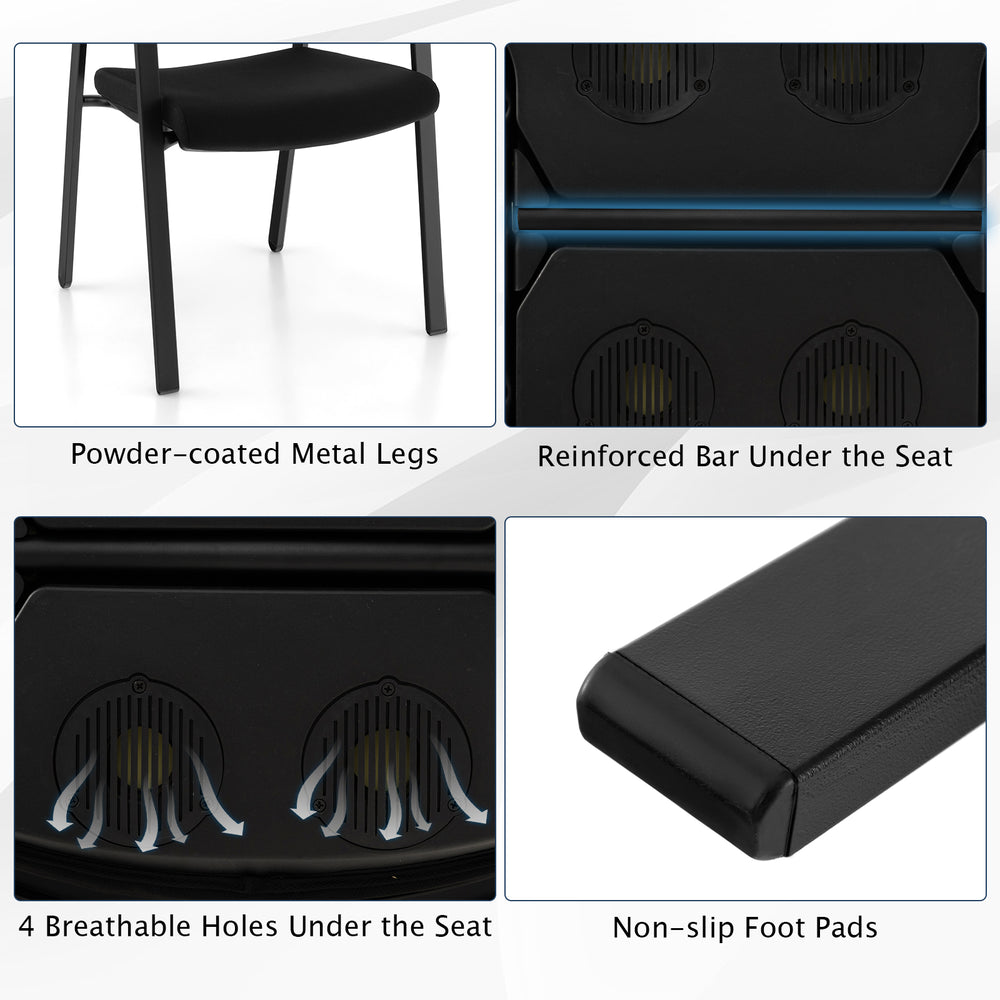 Close-up of stackable reception room chair features, highlighting padded seat, breathable holes, and reinforced metal.