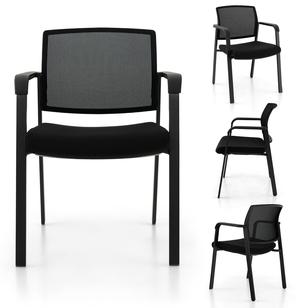 Black stackable reception chair with padded seat and ergonomic mesh backrest, ideal for comfort and easy storage.