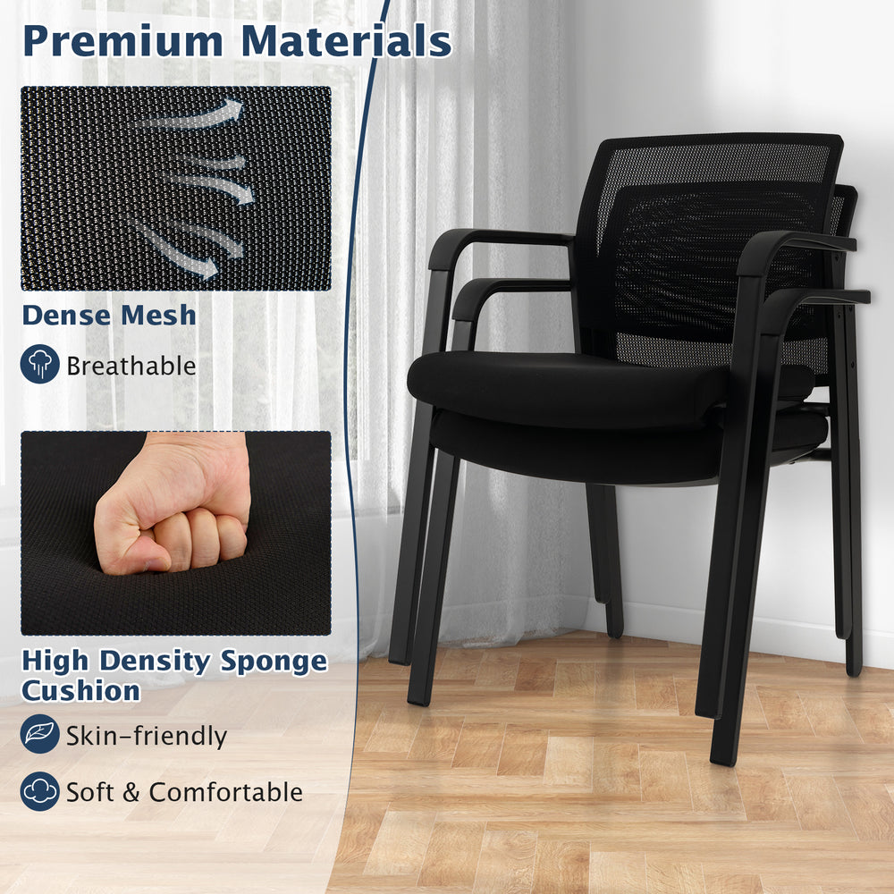 Stackable reception room chair with ergonomic mesh backrest and soft padded seat, designed for comfort and easy storage.