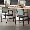 Set of 2 stackable rolling office chairs with gray mesh backrest and padded seats, ideal for comfortable workspace use.