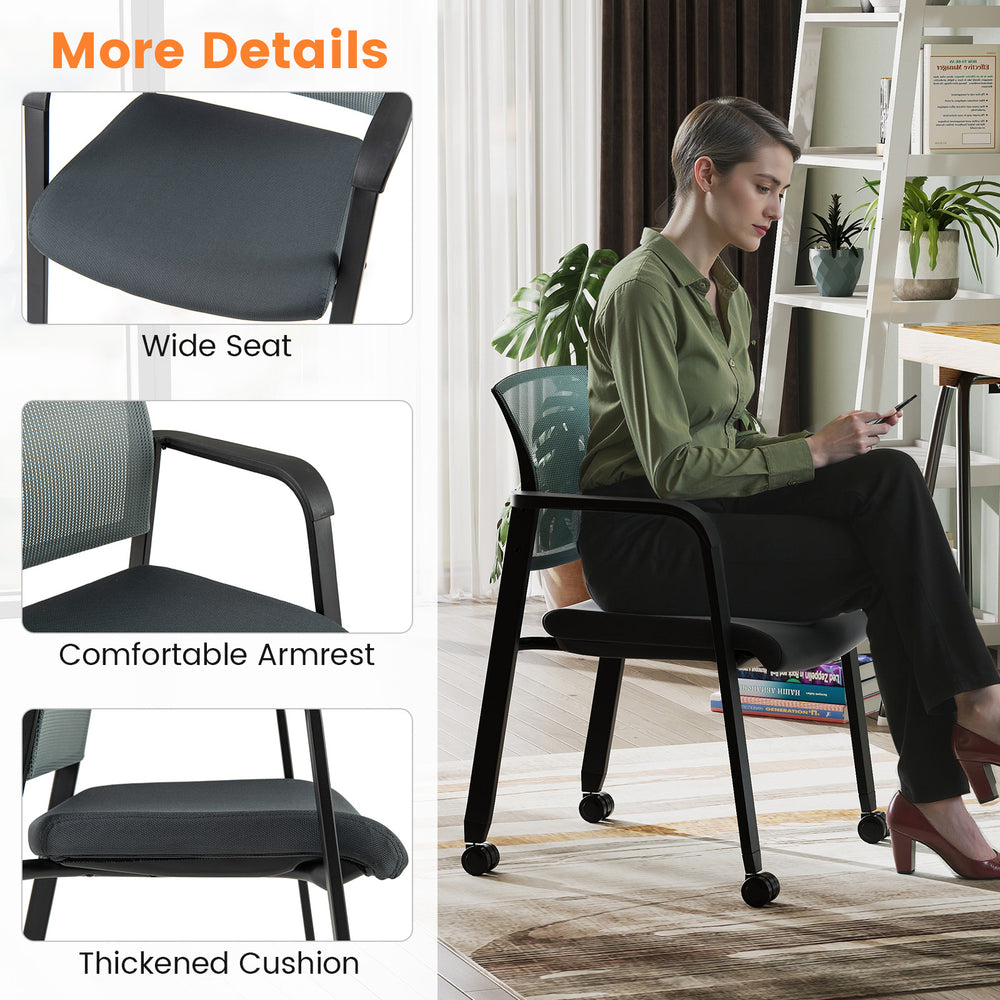 Stackable rolling office chair with gray padded seat and mesh backrest, featuring universal casters for easy mobility.
