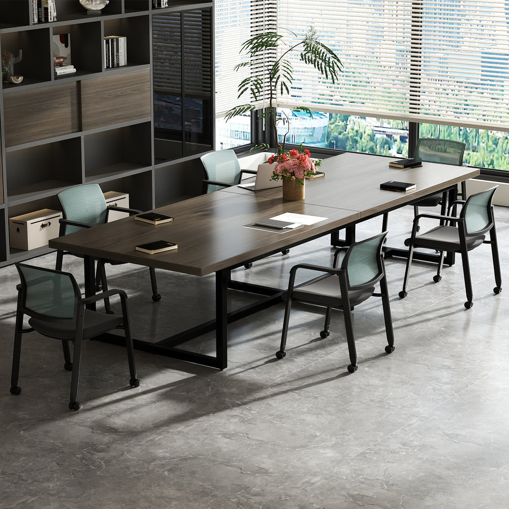 Set of 2 stackable rolling office chairs with gray mesh backrest, featuring a heavy-duty frame and universal casters.