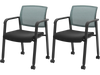 Set of 2 stackable rolling office chairs with gray mesh backrest and padded seats for comfortable seating.