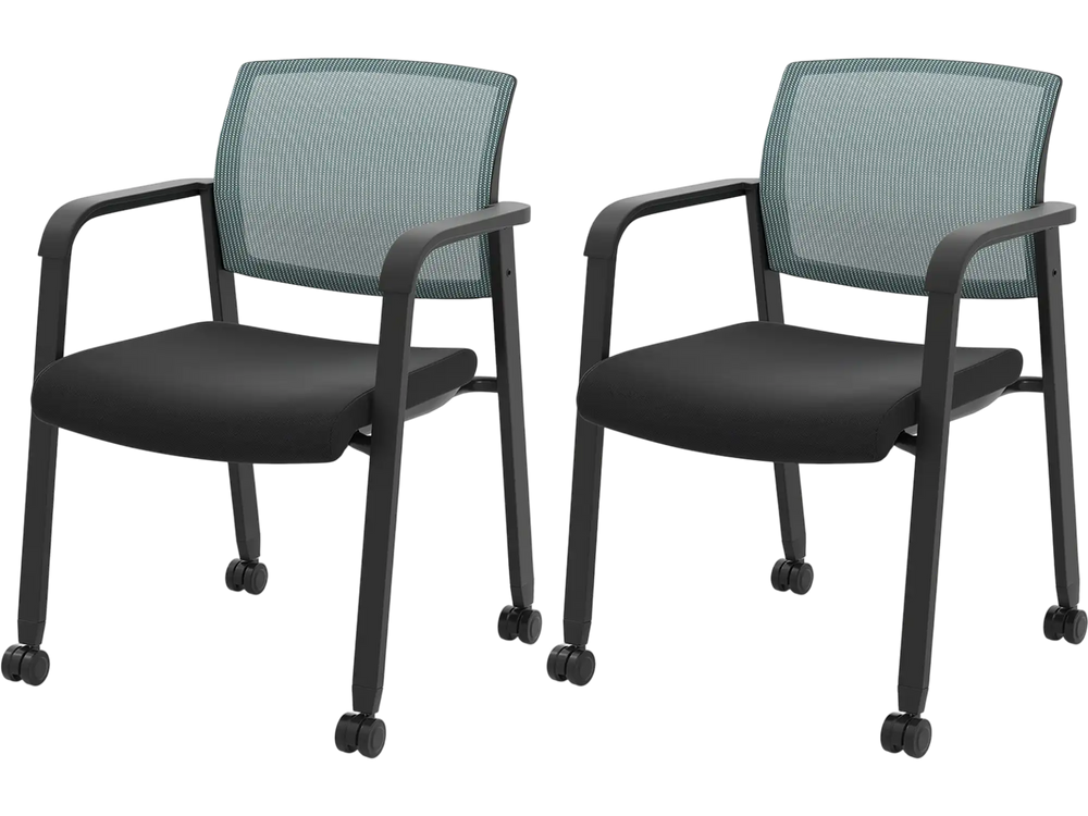 Set of 2 stackable rolling office chairs with gray mesh backrest and padded seats for comfortable seating.