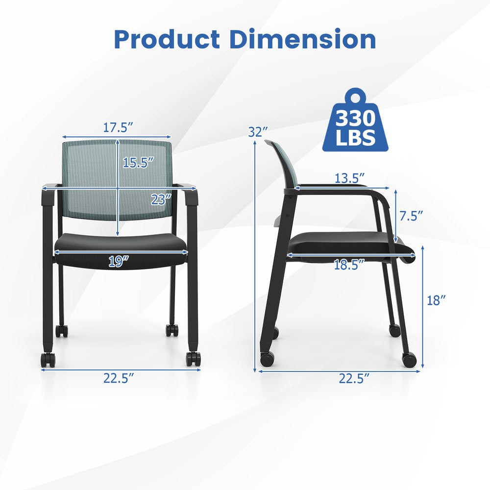 Stackable rolling office chairs with gray mesh backrest, dimensions shown, supports 330 lbs, ideal for office use.