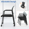 Stackable rolling office chair with gray mesh backrest and padded seat, designed for comfort and easy storage.