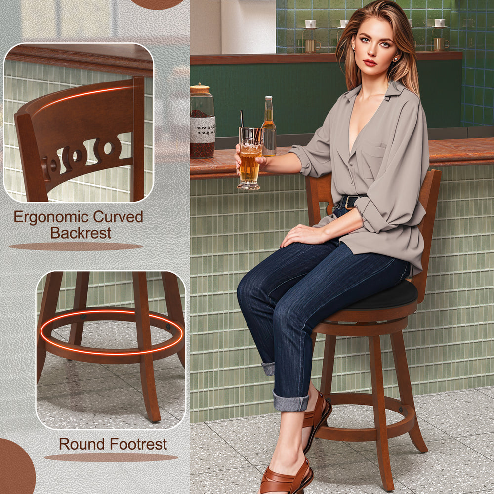 Swivel bar stool with ergonomic curved backrest and round footrest, made of rubber wood, ideal for stylish seating.