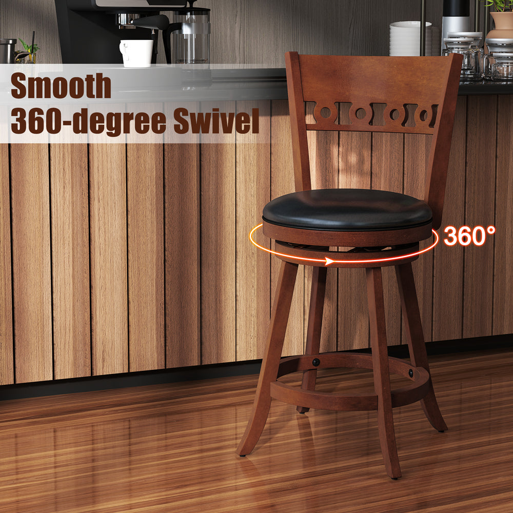 Swivel bar stool with rubber wood frame, 360° rotation, PVC leather seat, perfect for kitchen counters or bars.