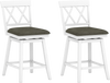 Set of 2 swivel bar stools with white rubber wood frame and upholstered seat cushions for counter height dining.