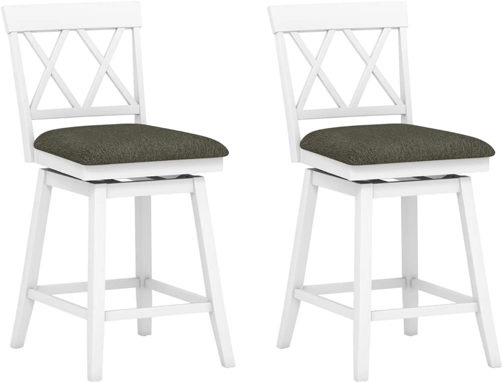 Set of 2 swivel bar stools with white rubber wood frame and upholstered seat cushions for counter height dining.