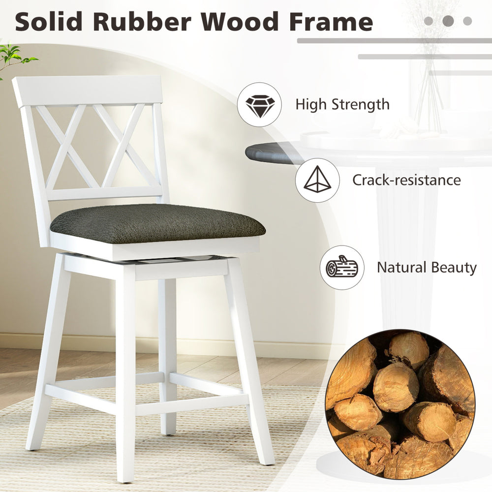 Swivel bar stool with a solid rubber wood frame, upholstered seat cushion, and ergonomic backrest for comfort.
