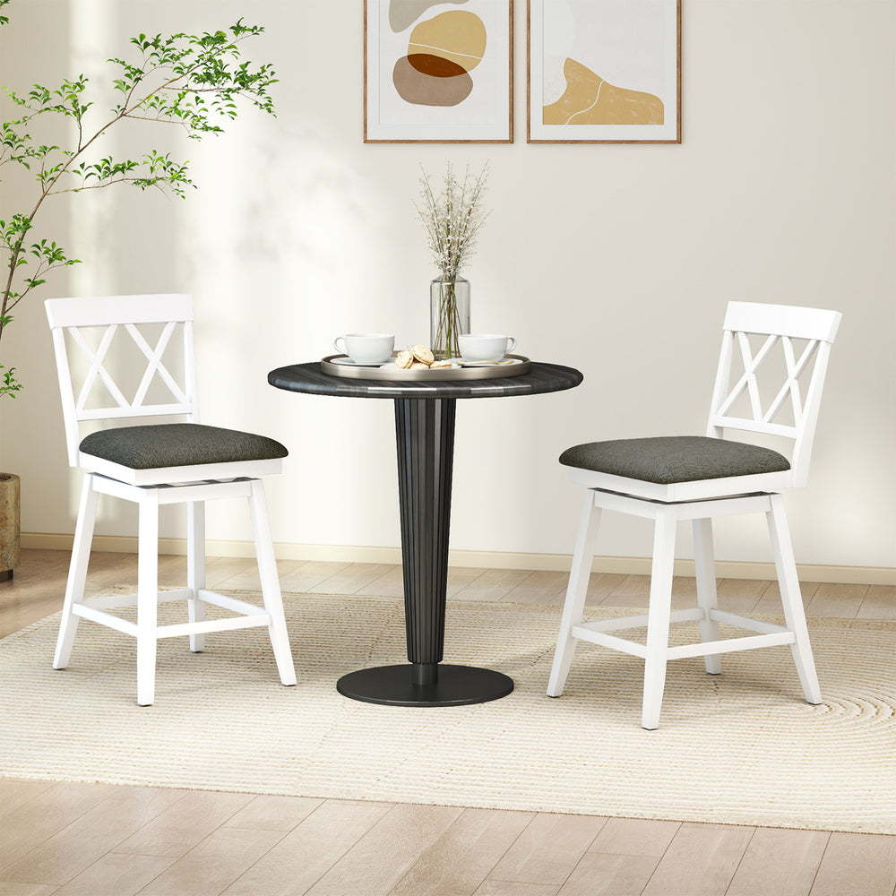 Set of 2 swivel bar stools with backrest and upholstered seat cushions, perfect for dining areas or bars.