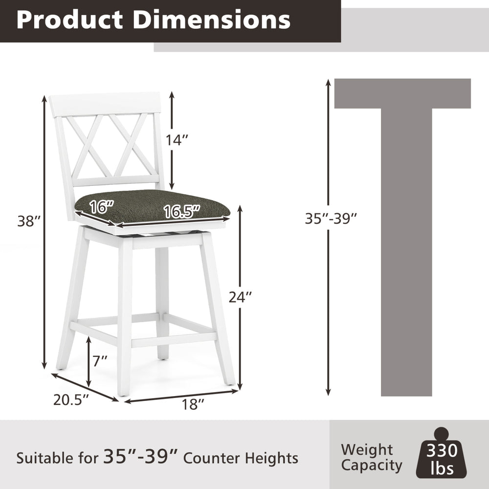 Counter height bar stool dimensions with a white rubber wood frame, upholstered seat, and ergonomic backrest support.