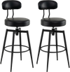 Set of 2 black swivel barstools with padded seats and backs, ideal for kitchens or pubs, featuring a sturdy metal frame.