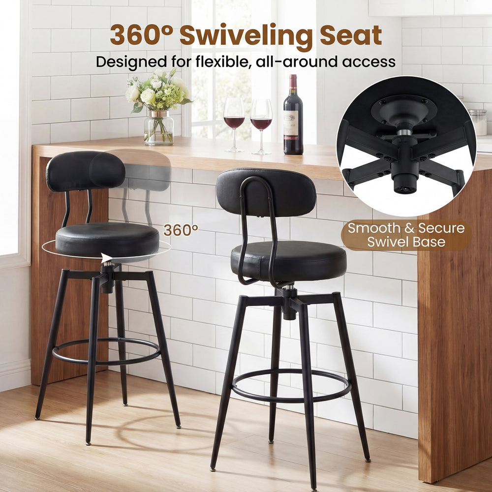 Set of 2 black swivel barstools with padded seats and backs, designed for comfort and easy access in modern kitchens.