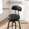 Curved backrest and padded seat of a black swivel barstool, featuring faux leather for comfort and easy cleaning.