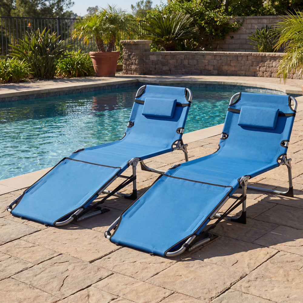 Set of 2 Tanning Chairs with Face Arm Holes Portable with 4-Level Backrest-Blue - Gallery View 1 of 9