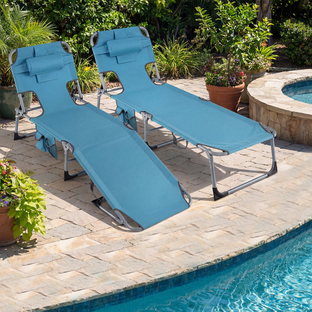 Set of 2 Tanning Chair Portable Chaise Lounge Chair with 4-Position Adjustable Backrest-Navy - Gallery View 1 of 9