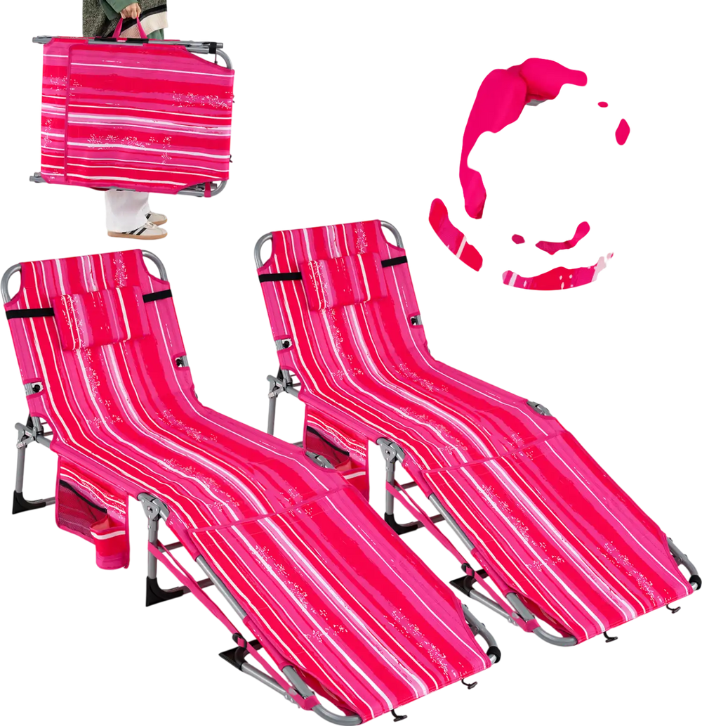 Set of 2 pink strip tanning chairs with face holes, adjustable backrest, and portable design for beach or poolside.