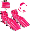 Set of 2 pink strip tanning chairs with face holes, adjustable backrest, and portable design for beach or poolside.