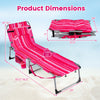 Dimensions of pink striped tanning chair set with face holes, adjustable backrest, and portable design for outdoor use.