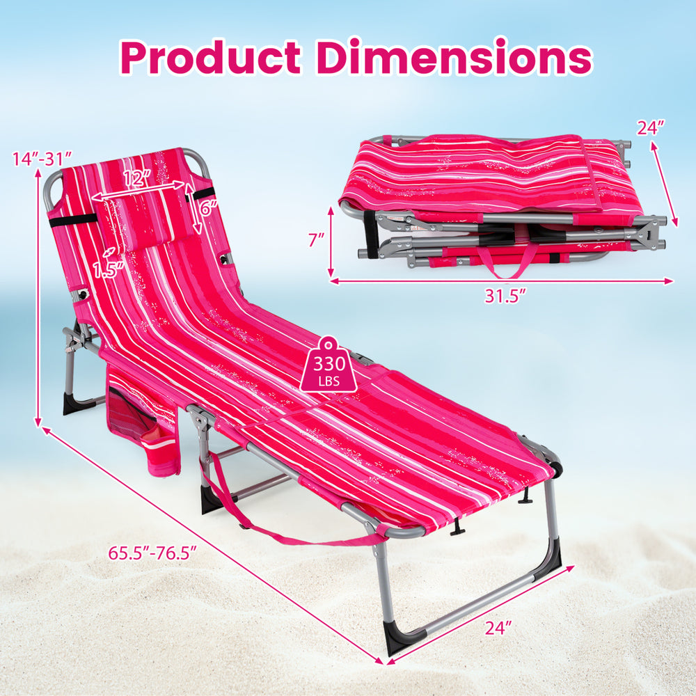 Dimensions of pink striped tanning chair set with face holes, adjustable backrest, and portable design for outdoor use.