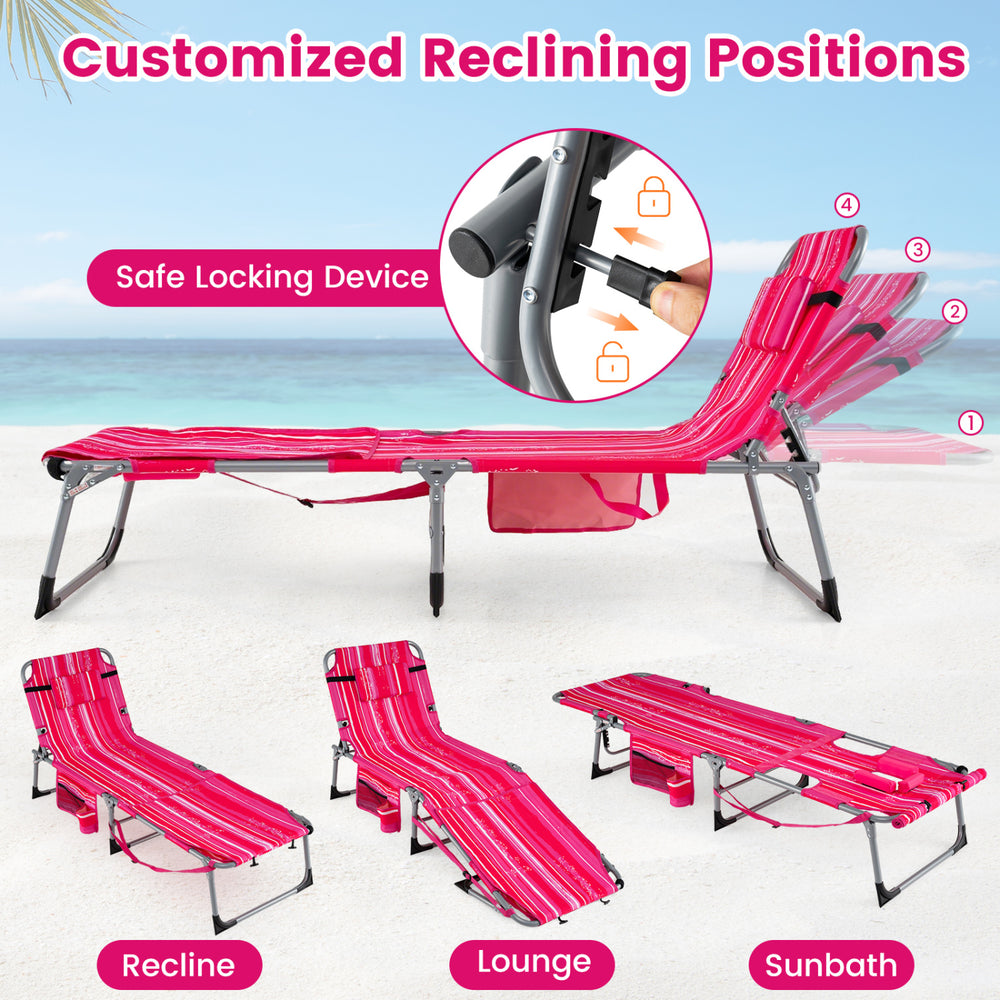 Set of 2 pink strip tanning chairs with face holes, 4-level adjustable backrest, ideal for beach and poolside.