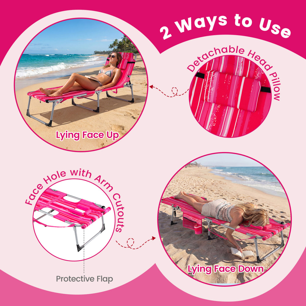 Portable pink strip tanning chair with face hole and arm cutouts, featuring a 4-level adjustable backrest for.