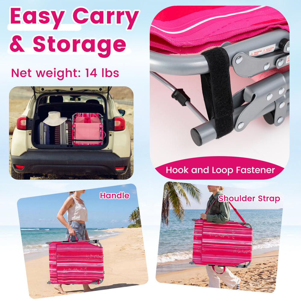 Portable tanning chair set in pink strip with adjustable backrest, face hole, and shoulder strap for easy transport.