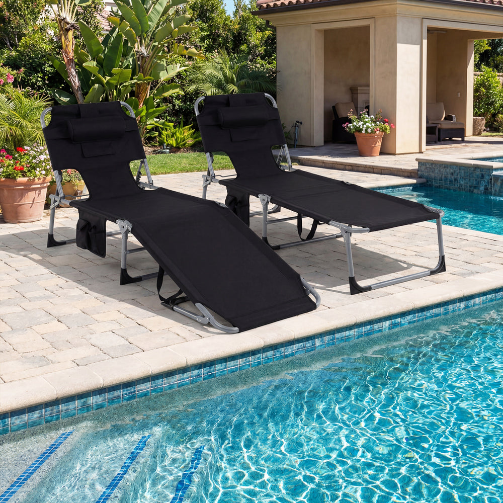 Set of 2 Tanning Chair Portable Chaise Lounge Chair with 4-Position Adjustable Backrest-Black - Gallery View 1 of 10