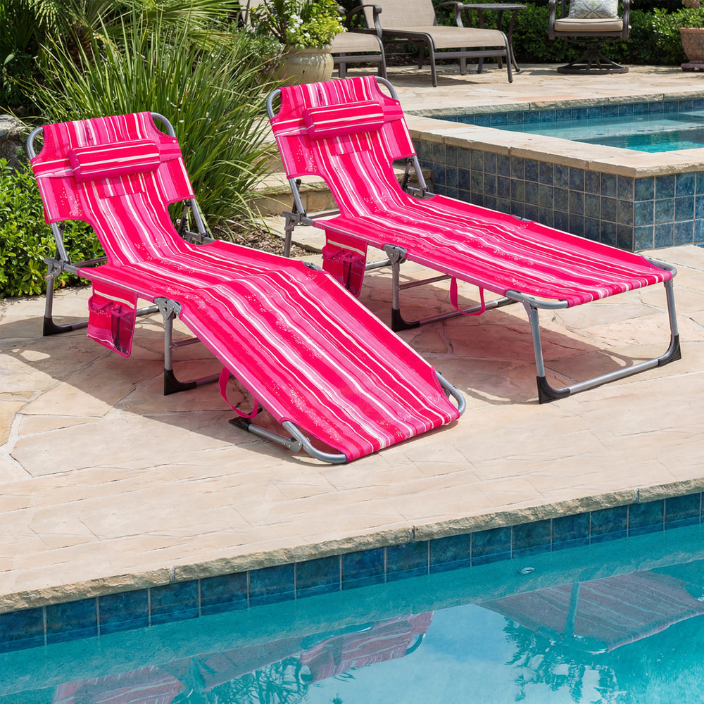 Set of 2 Tanning Chair Portable Chaise Lounge Chair with 4-Position Adjustable Backrest-Pink Stripe - Gallery View 1 of 8