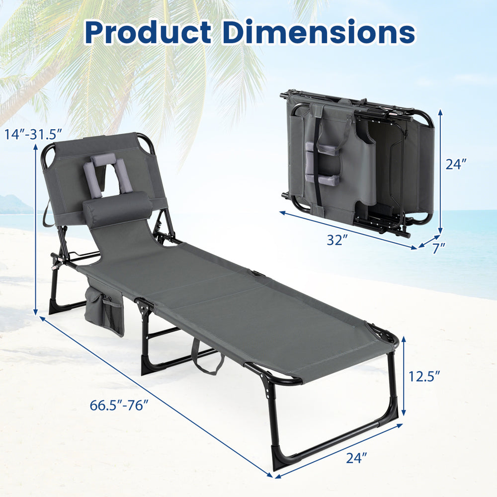 Adjustable gray tanning chair with face slots and storage pockets, compact design for easy transport and outdoor use.