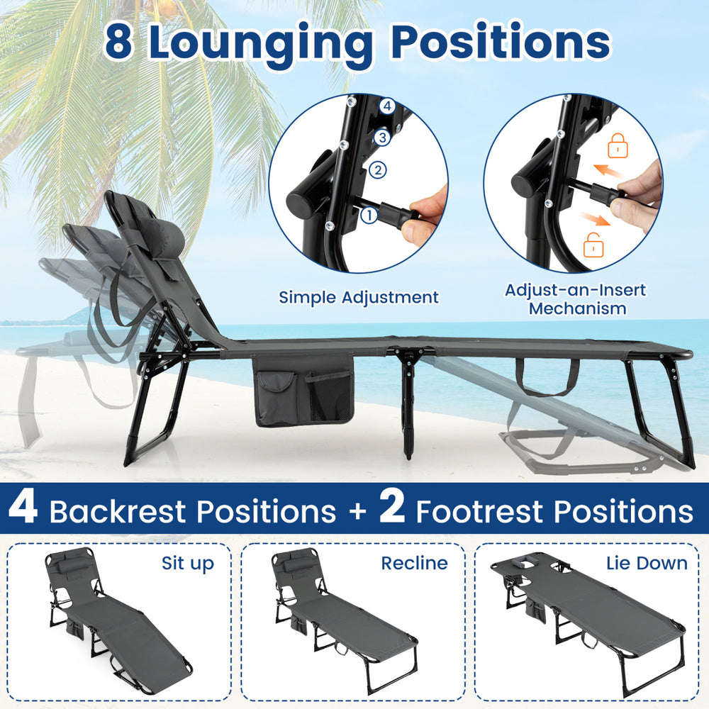 Gray portable chaise lounge chair showing adjustable backrest and storage pockets, perfect for poolside relaxation.