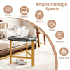Triangle coffee table with black top and metal legs, offering ample storage for books, snacks, and plants in a stylish.