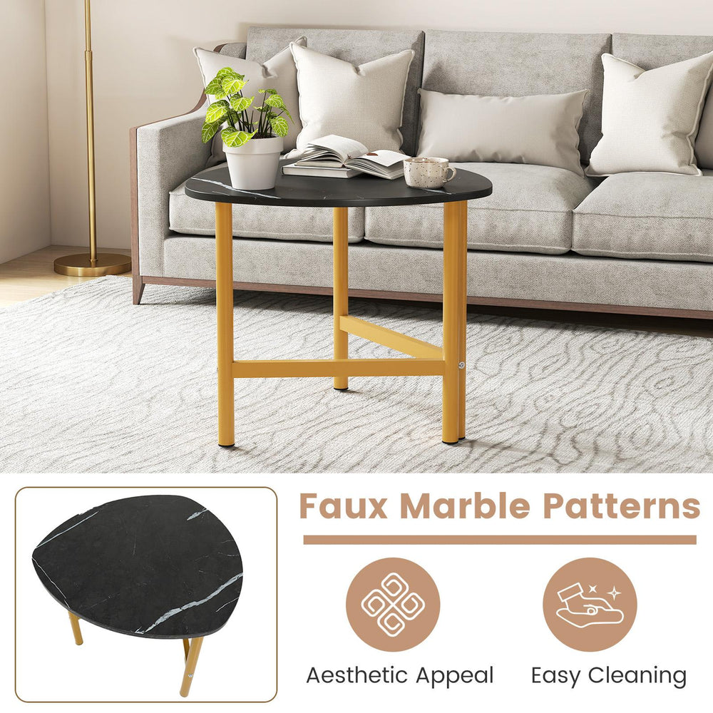 Triangle coffee table with black faux marble top and metal legs, perfect for stylish storage and easy cleaning.