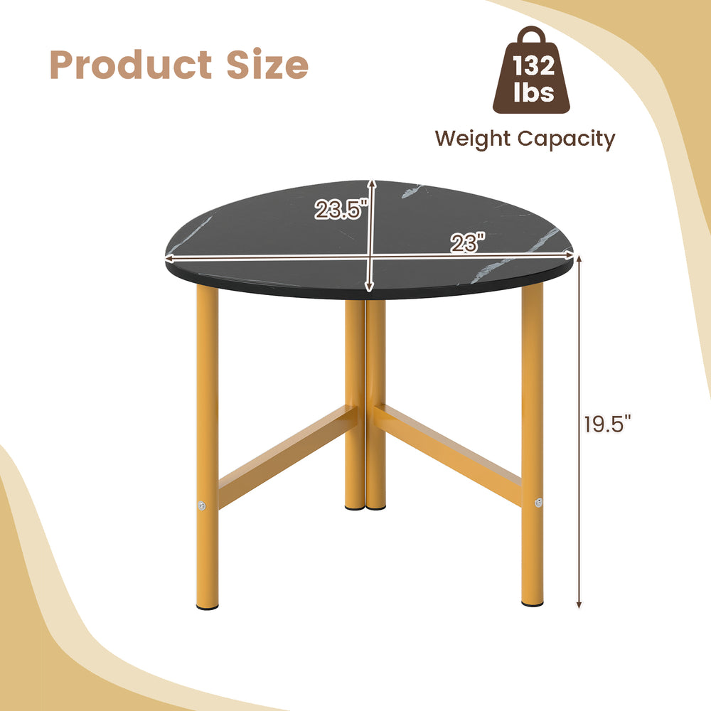 Triangle coffee table with black top and yellow metal legs, featuring a 132 lbs capacity, ideal for versatile use.