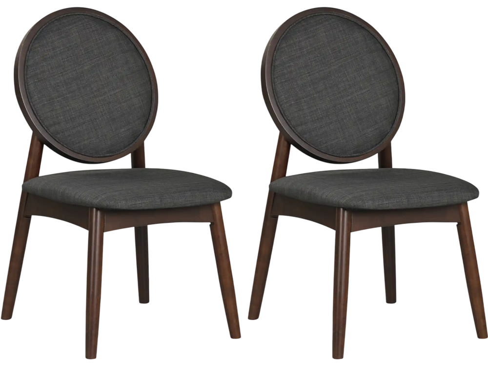 Set of 2 black upholstered linen fabric kitchen side chairs with padded seats and ergonomic backrests for comfort.