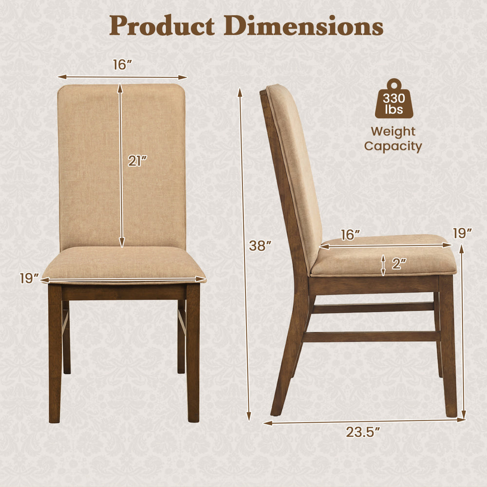 Upholstered dining chair dimensions with solid rubber wood legs, featuring a 21-inch high backrest and 19-inch wide.