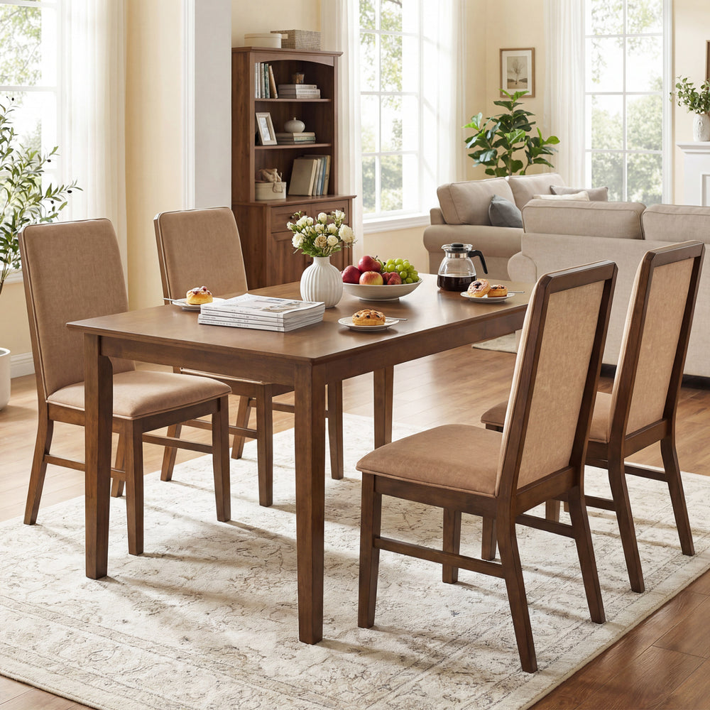Upholstered dining chairs with solid rubber wood legs in brown, featuring breathable linen fabric and high backrests.