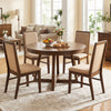 Round dining table set with upholstered chairs, showcasing brown fabric and solid rubber wood legs for a cozy dining.